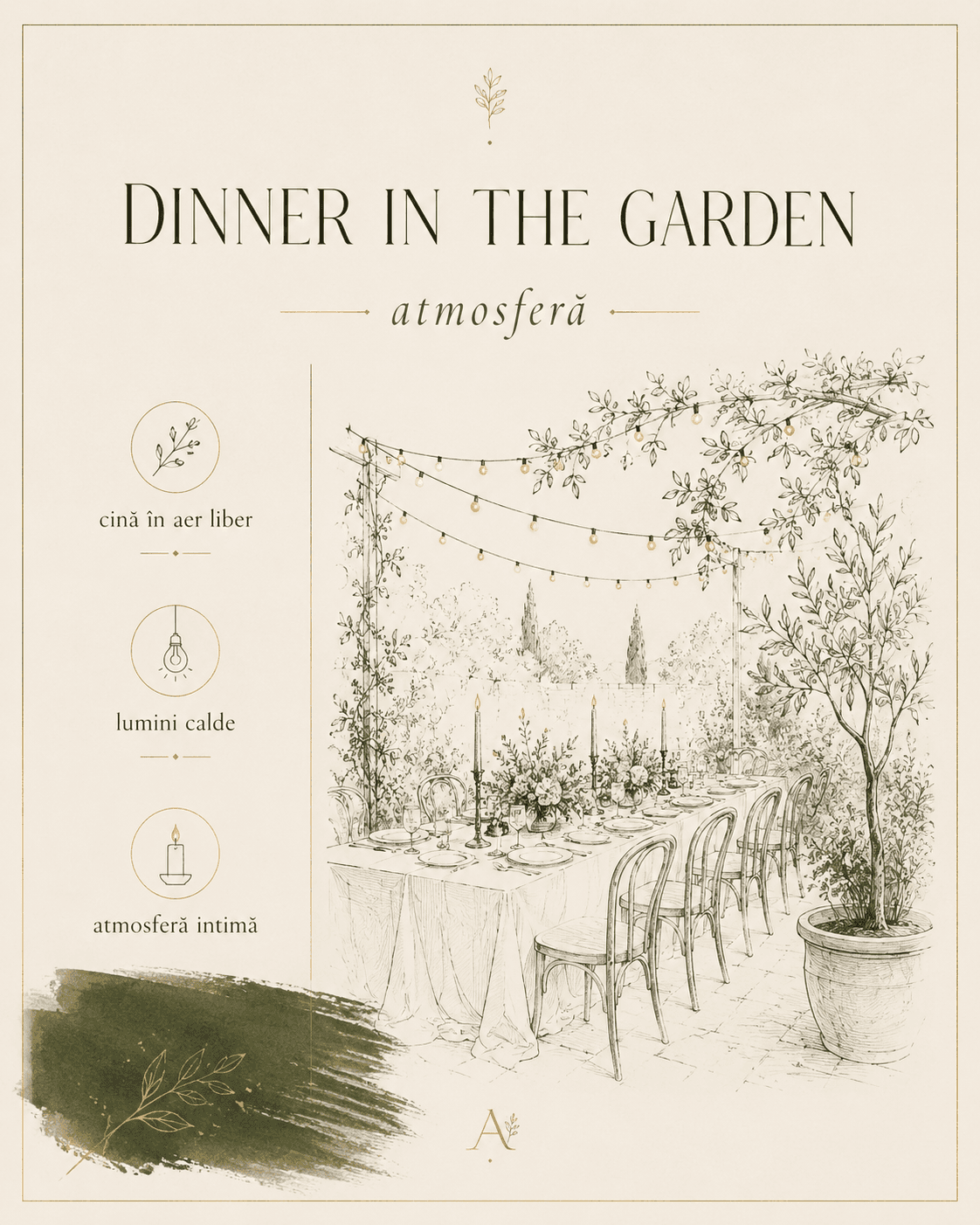 Dinner in the Garden — planșa de atmosferă: masă lungă în grădină, sub ghirlande de lumini
