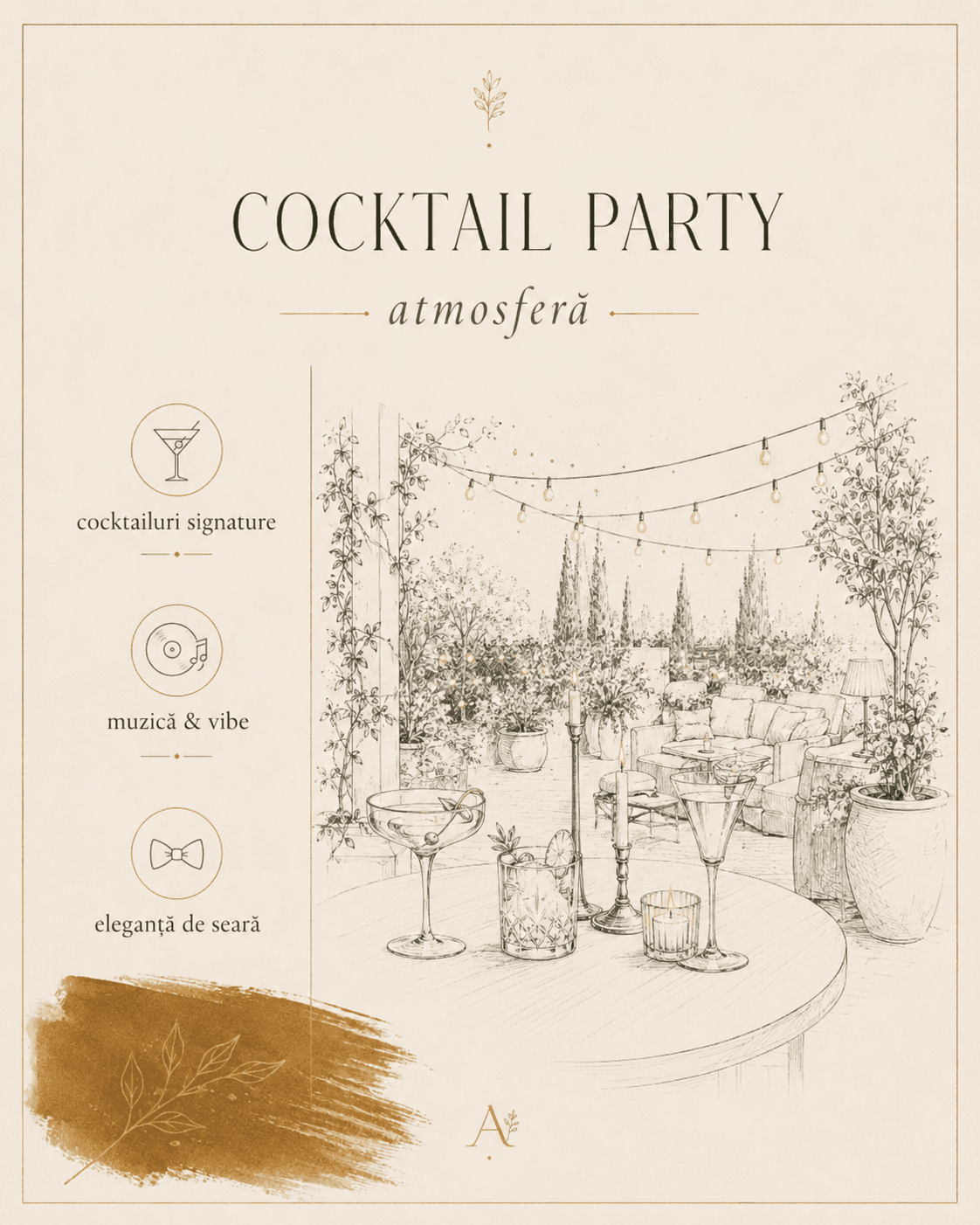 Cocktail Party — planșa de atmosferă: grădina noaptea, cu ghirlande de becuri și pahare pe masă